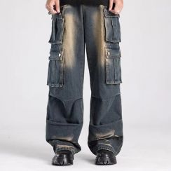 2 Pcs Light Washed Wide Straight Leg Baggy Cargo Jeans